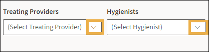 Treating Providers and Hygienists fields with yellow highlight boxes around the drop-down menu arrow.